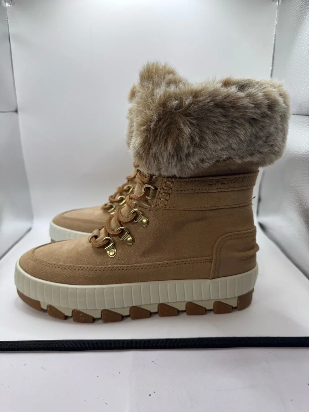 Sperry Torrent Winter Lace-Up Boot in Tan with Faux-Fur Collar
